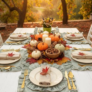 Peut inclure: Une table d'automne festive avec des citrouilles, des bougies et des feuilles d'automne. Le centre de table pr&eacute;sente des citrouilles orange et blanches, du ma&iuml;s et un bol en bois de noix. Des sets de table &agrave; rayures vertes et blanches et des couverts dor&eacute;s compl&egrave;tent le look.