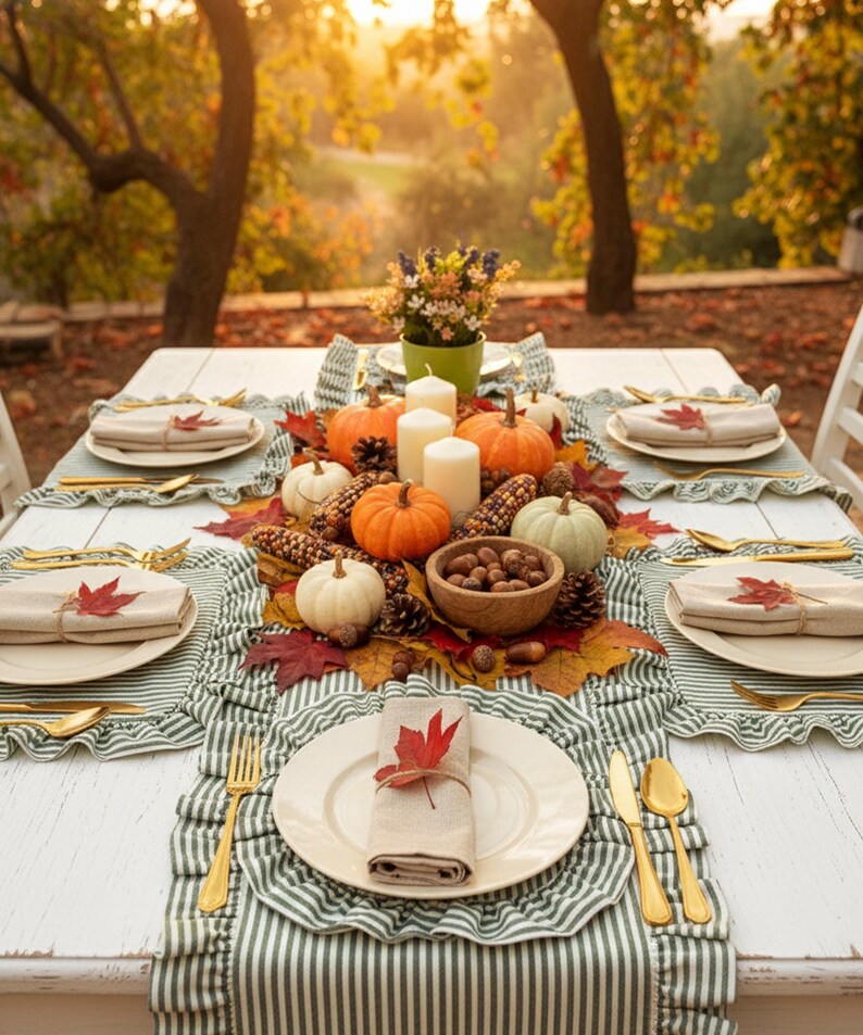 Peut inclure: Une table d'automne festive avec des citrouilles, des bougies et des feuilles d'automne. Le centre de table pr&eacute;sente des citrouilles orange et blanches, du ma&iuml;s et un bol en bois de noix. Des sets de table &agrave; rayures vertes et blanches et des couverts dor&eacute;s compl&egrave;tent le look.