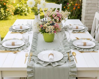 Green Striped Ruffled Table Runner Linen Custom Farmhouse Dining Wedding Kitchen Decor