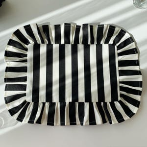 Black Striped Placemat Ruffled, Cotton Linen Rectangle Table Mat, Washable Modern Farmhouse Kitchen Dining Room Decor