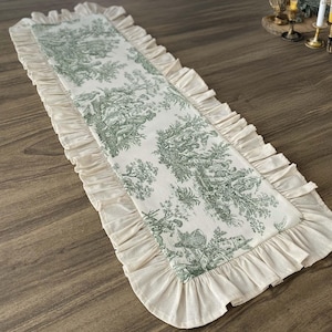 Table Runner Toile de Jouy Custom Linen - French Classic Wedding Table Decor, Spring Easter Ruffled Green Edge Tablecloth