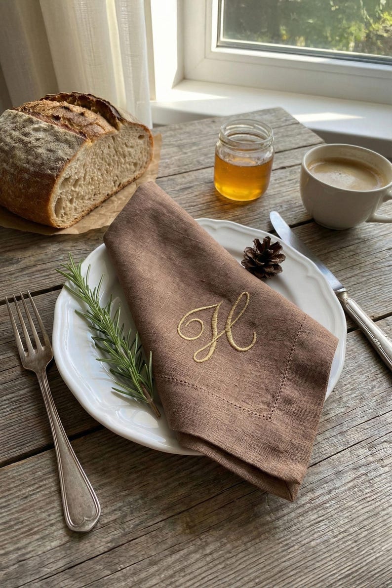 Embroidered napkins featuring elegant monogrammed linen, luxury linen napkins, personalized napkins with initial napkin design, cloth dinner napkins perfect as wedding gift, custom linen napkins, customized napkins, monogrammed napkins, linen dinner napkins, wedding napkins, monogram napkins