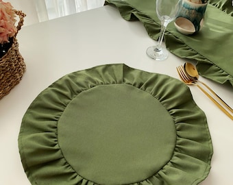 Green Ruffled Linen Cotton Placemat, Washable Farmhouse Decor