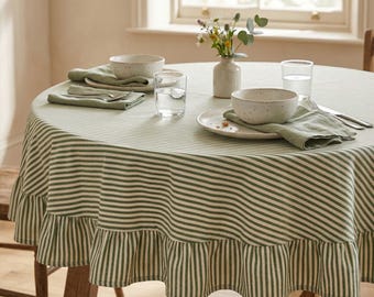 Custom Round Tablecloth, Ruffled Linen Cotton Table Cover, Green Striped Farmhouse Dining Decor