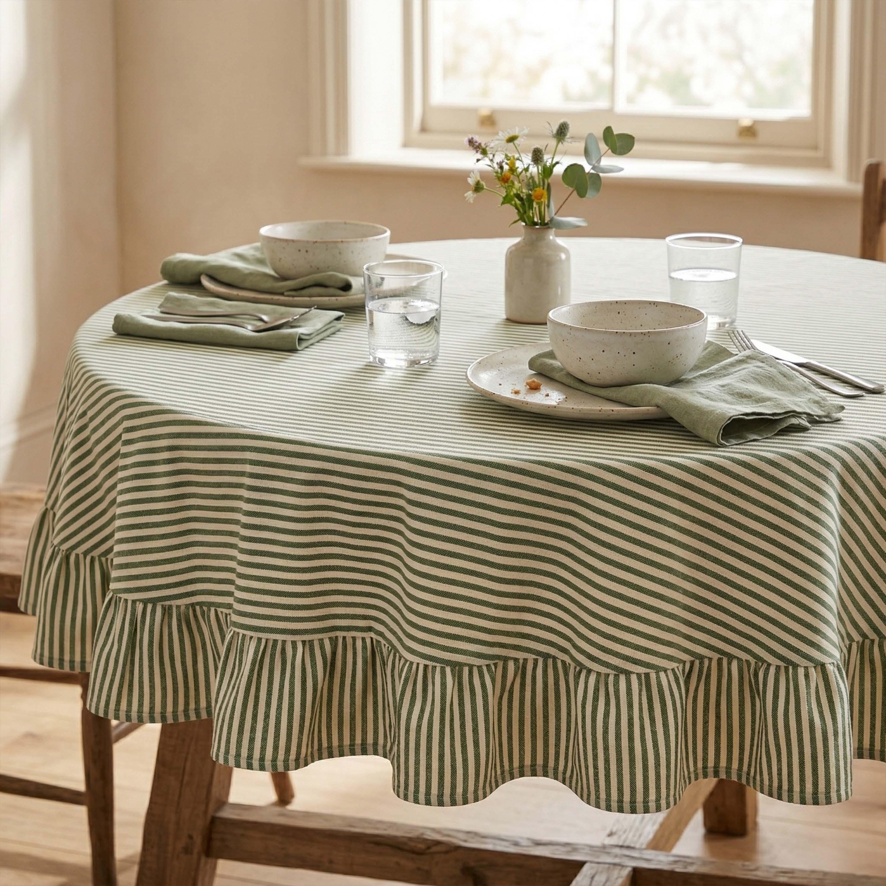Circle Ruffle Tablecloth Green Striped Round Tablecloth, Ruffle Linen Cotton Table Cover, Custom ...