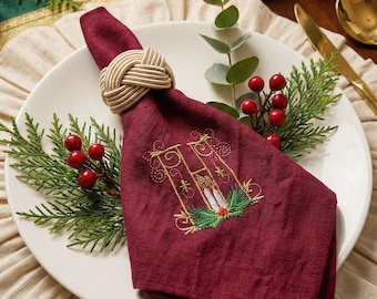 Personalized Christmas Napkins Embroidered Linen Custom Monogram Alphabet Dinner Gift