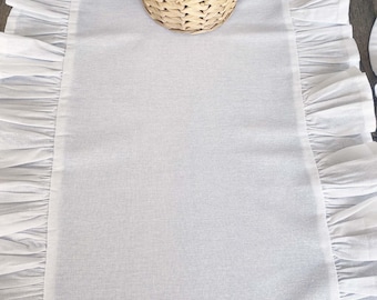 White Linen Ruffled Table Runner - Farmhouse Wedding Tablecloth