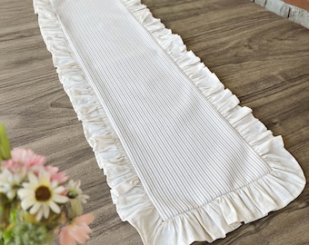 Striped Cotton Linen Table Runner: Ruffled Beige Farmhouse Decor