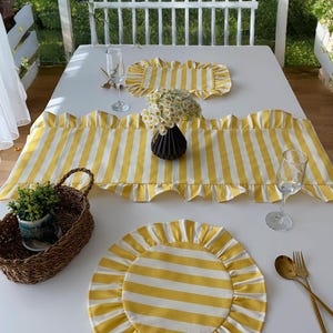 Custom Table Runner Yellow Striped Ruffled Linen Cotton Farmhouse Dining Room Kitchen Spring Summer Wedding Handmade Decor