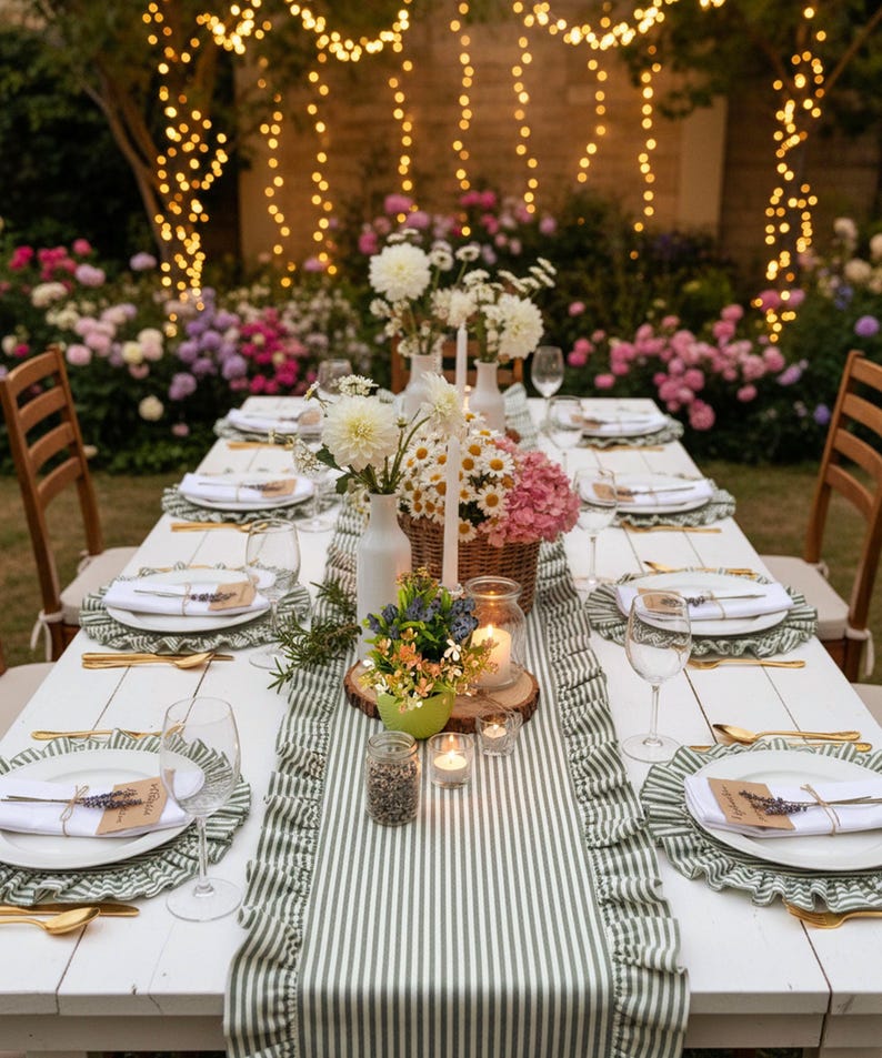 Peut inclure: Une table de salle &agrave; manger ext&eacute;rieure joliment dress&eacute;e avec des assiettes blanches, des couverts dor&eacute;s et des verres &agrave; vin. La table est d&eacute;cor&eacute;e d'un chemin de table &agrave; rayures vertes et blanches, de centres de table floraux et de bougies. Des guirlandes lumineuses pendent en arri&egrave;re-plan.
