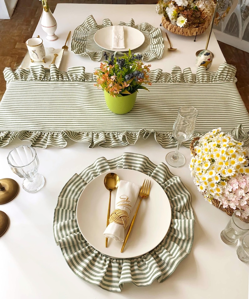 Elegant table setting featuring custom table runner and matching placemats, ideal for wedding receptions and formal dining occasions.