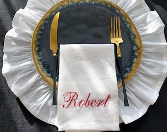 Monogrammed Linen Dinner Napkins, Embroidered Hemstitch Wedding Napkins