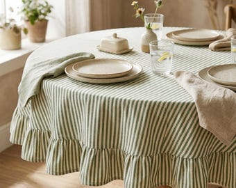 Green Striped Round Tablecloth, Ruffle Linen Cotton Table Cover, Custom Size Farmhouse Decor, Sage Green Striped Circular Table Cloth