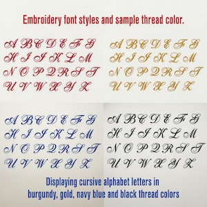 Monogram embroidery font styles and thread color options for custom linen napkins, displaying cursive alphabet letters in burgundy, gold, navy blue and black thread colors