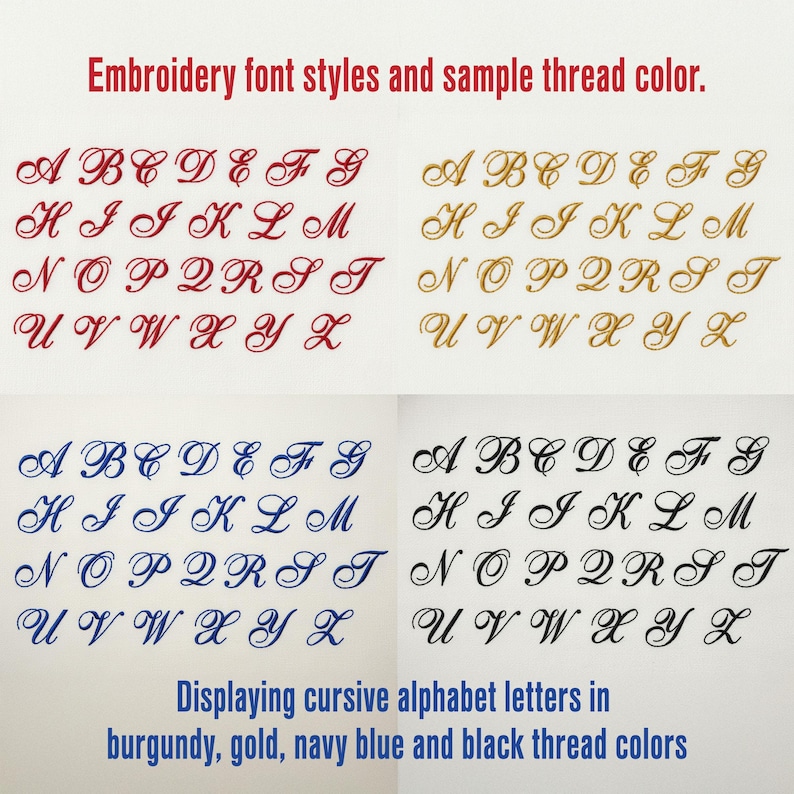 Monogram embroidery font styles and thread color options for custom linen napkins, displaying cursive alphabet letters in burgundy, gold, navy blue and black thread colors