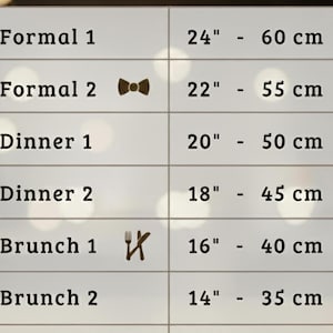 Linen napkin size chart displaying dimension options from cocktail to formal sizes, complete measurement guide for custom embroidered napkins