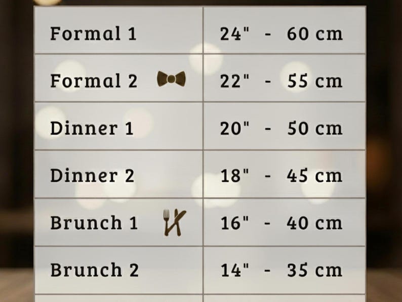 Linen napkin size chart displaying dimension options from cocktail to formal sizes, complete measurement guide for custom embroidered napkins