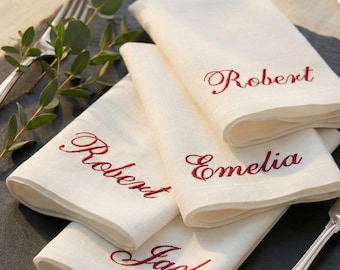 Sage Green Linen Napkins, French Country Table Decor, Boho Wedding Napkins, Embroidered Monogram Gift