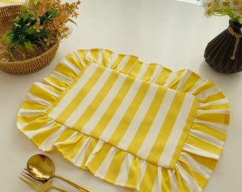 Yellow Striped Cotton Placemat, Ruffled Table Decor