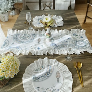 Chemin de table personnalisé lin à volants blanc rétro ferme Français mariage salle à manger cuisine décor fait main linge de maison de vacances de printemps