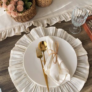 Alternative angle of custom ruffled placemat highlighting handmade quality, perfect for fall table settings and wedding celebrations