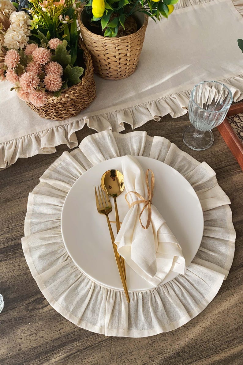 Alternative angle of custom ruffled placemat highlighting handmade quality, perfect for fall table settings and wedding celebrations