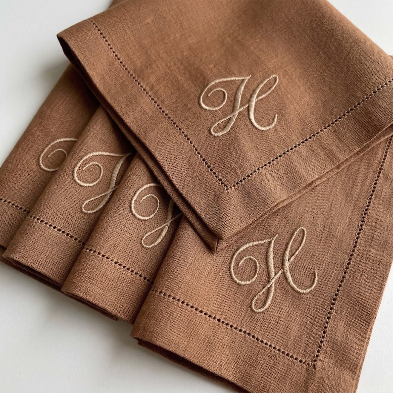 Embroidered napkins featuring elegant monogrammed linen, luxury linen napkins, personalized napkins with initial napkin design, cloth dinner napkins perfect as wedding gift, custom linen napkins, customized napkins, monogrammed napkins, linen dinner napkins, wedding napkins, monogram napkins
