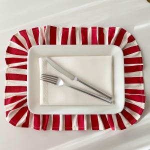 Washable Placemats Red Striped, Ruffled Rectangle Placemats, Linen Fabric Placemats, Holiday Farmhouse Dining Table Decor