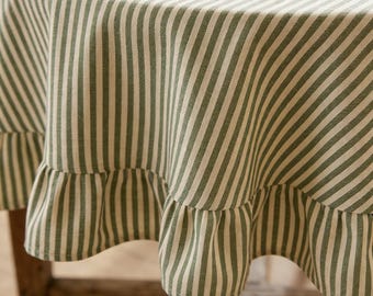 Nappe en lin à volants à rayures vert sauge, couverture de table ronde personnalisée artisanat turc fait main