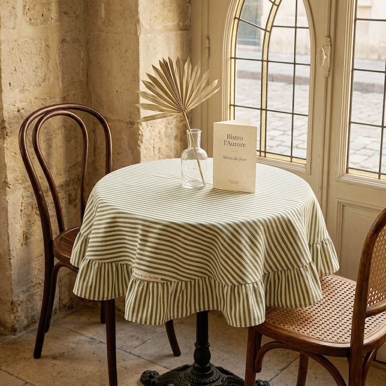 Circle Ruffle Tablecloth Green Striped Round Tablecloth, Ruffle Linen Cotton Table Cover, Custom ...