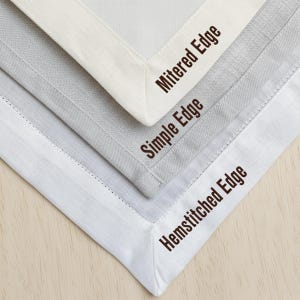 Hemstitched edge comparison for custom linen napkins, showing mitered, simple and hemstitched finish options for personalized napkins