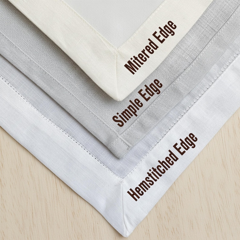 Hemstitched edge comparison for custom linen napkins, showing mitered, simple and hemstitched finish options for personalized napkins