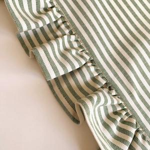 French tablecloth style runner with distinctive ruffle detail, transforms dining spaces with European farmhouse elegance.