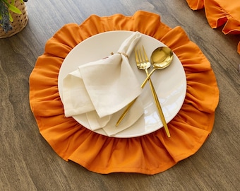 Sets de table Halloween ronds, lin, volants, orange, automne, décoration de table, dîner, ferme