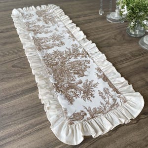 French Table Runner Toile Ruffle Custom - Wedding Farmhouse Decor Vintage Linen Country Style Beige Cream Cottage Table Linens