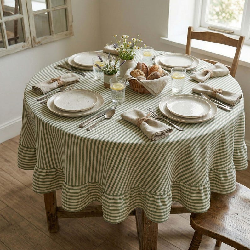 Circle Ruffle Tablecloth Green Striped Round Tablecloth, Ruffle Linen Cotton Table Cover, Custom ...