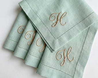 Serviettes de table en lin monogrammées, cadeau de mariage, ourlet surpiqué