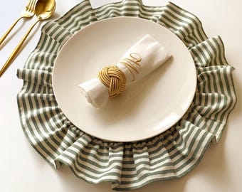 Green Striped Round Placemat Ruffled Linen Cloth Wedding Boho Christmas Easter Farmhouse Dining Table Decor Handmade