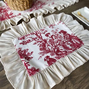 Red Toile Placemat Rectangle Ruffled, French Country Single Mat, Washable Linen Cotton, Custom Farmhouse Table Decor, Wedding Gift Placemat
