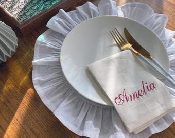 Ruffled White Linen Placemat Set of 4 – Handmade round placemat for wedding placemat, custom placemats, French placemats