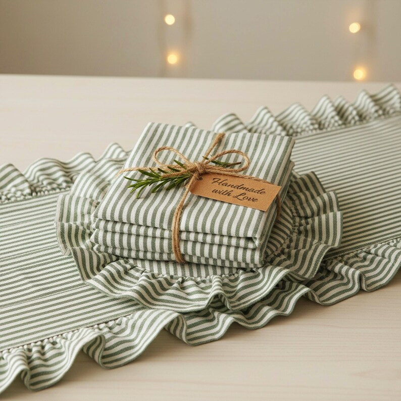 Peut inclure: Un ensemble de serviettes pli&eacute;es &agrave; rayures vertes et blanches, attach&eacute;es avec de la ficelle et une branche de romarin. Une &eacute;tiquette indique "Handmade with Love". Les serviettes sont pos&eacute;es sur un chemin de table assorti &agrave; volants.