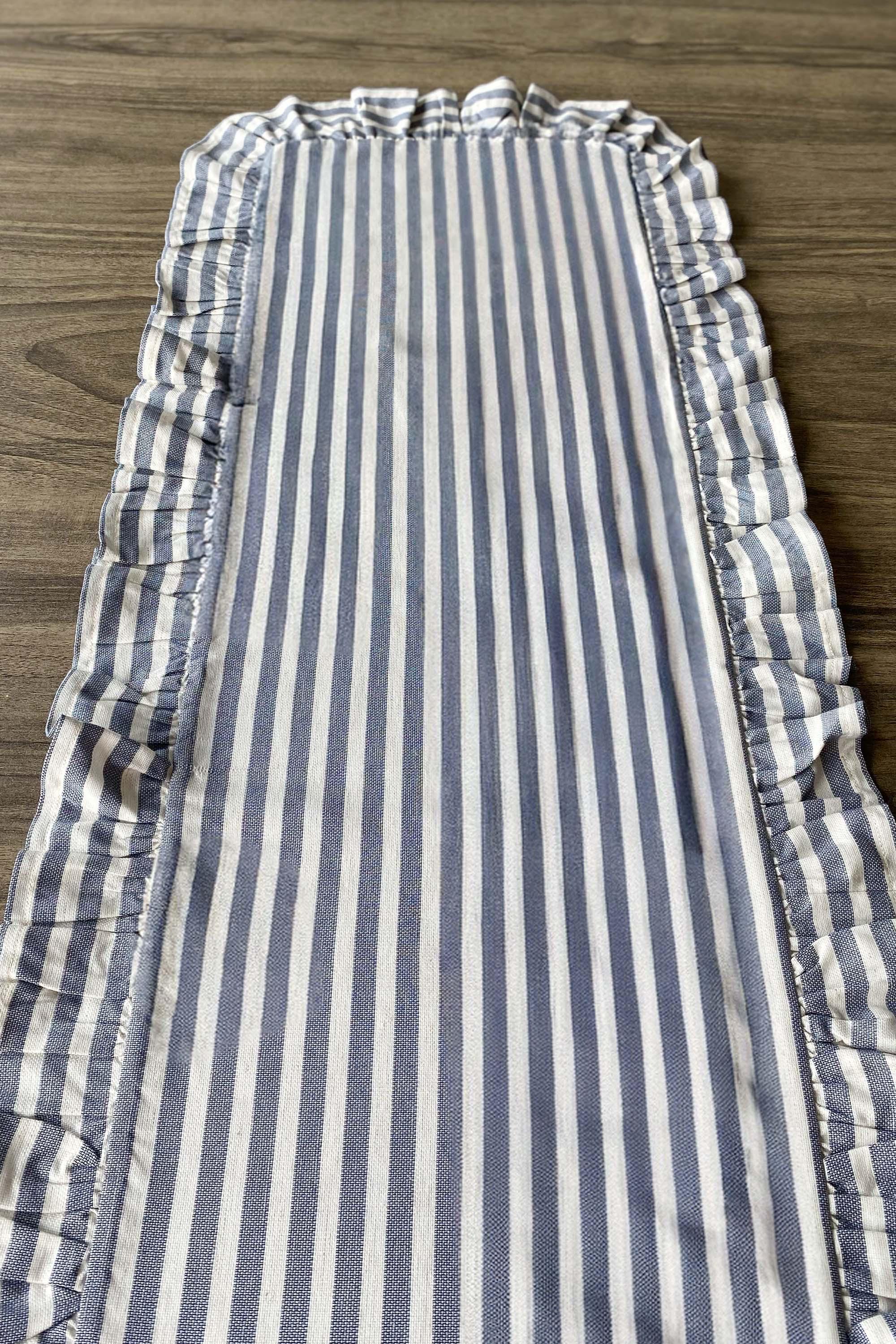 Blue White Striped Ruffled Table Runner – Farmhouse Cotton Decor for Dining, Wedding, Cottagecore & Shabby Chic Style