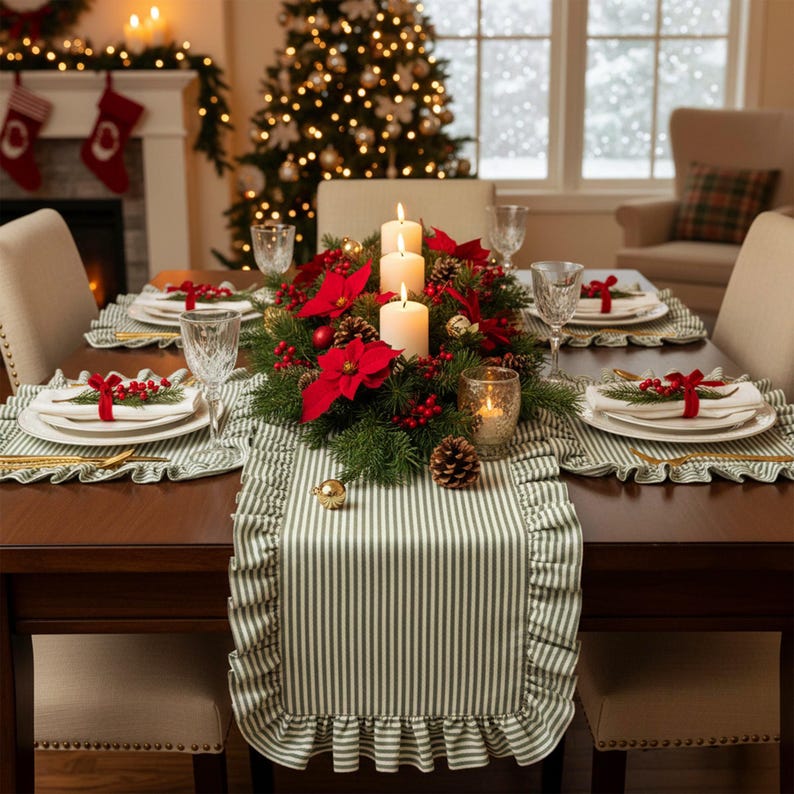 Peut inclure: Une table de No&euml;l festive avec un chemin de table &agrave; rayures vertes et blanches et des sets de table assortis. Le centre de table comprend des bougies allum&eacute;es, des poinsettias rouges et des pommes de pin. Chaque couvert comprend des assiettes blanches, des couverts dor&eacute;s et un ruban rouge.