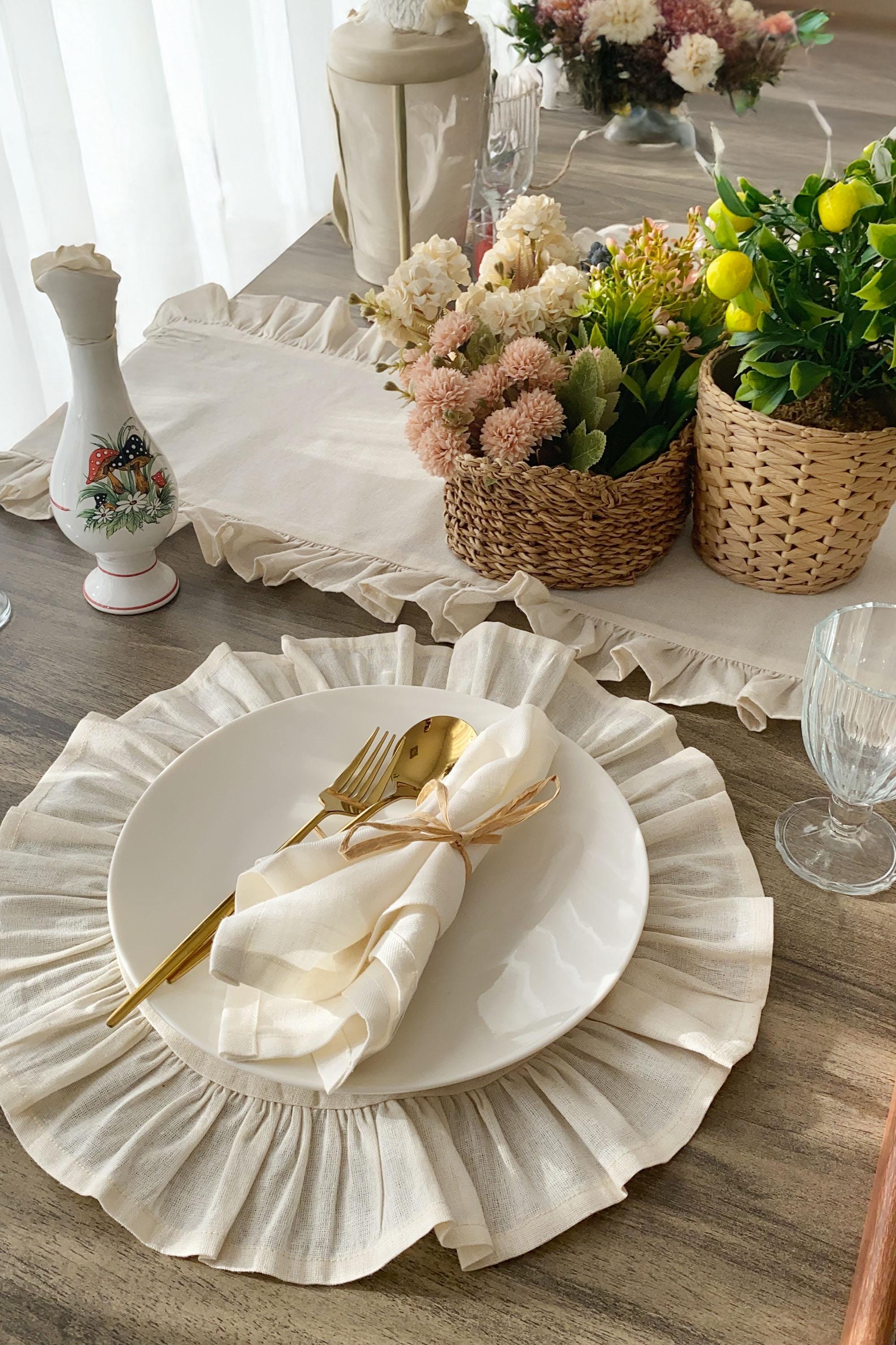 Hard Base Ruffle Mat Ruffled Round Placemat Cream Linen Farmhouse, Single Ruffle Edge Table ...