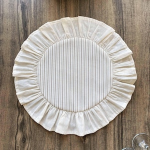 Ruffled Linen Placemat: Striped Beige Farmhouse Table Mat