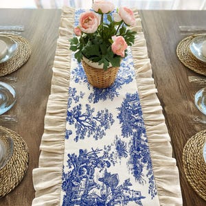 Custom Table Runner Toile de Jouy Blue - French Ruffled Linen with Ruffled Edge, Farmhouse Wedding Table Decor Placemats Gift Set
