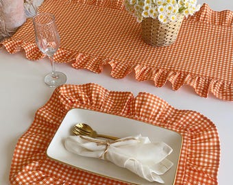 Orange Gingham Placemat, Ruffled Cotton Linen Handmade Table Decor