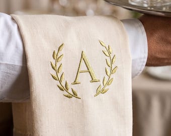Serviette de service en lin monogrammée personnalisée, nappe de bar à ourlet ajouré, serviette événementielle lavée à la pierre