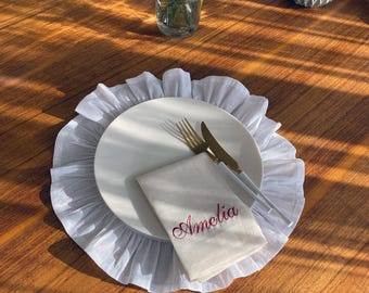 White Round Linen Placemats, Customizable for Christmas, Easter, or Everyday Dining, Elegant Table Decor,Handmade Ruffled Placemats,