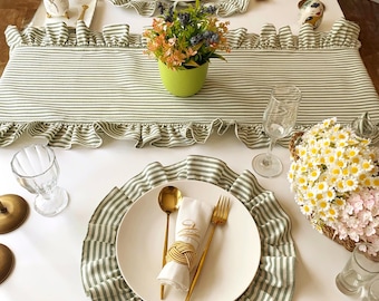 Striped Green Table Runner Ruffled, Custom Wedding Runner, Summer Table Runner, French Farmhouse Tablecloth